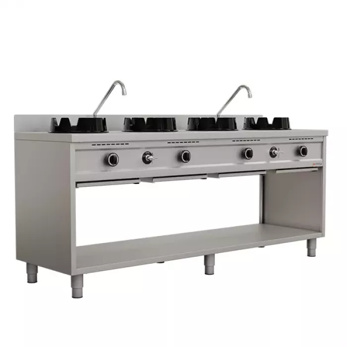 Gas-Wokherd 4 Kochzonen 4×15 kW Edelstahl für Erdgas/Propan