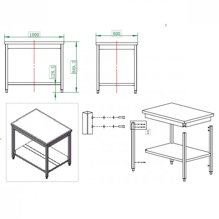 EASYLINE Arbeitstisch 600 / mit Grundboden B:1000