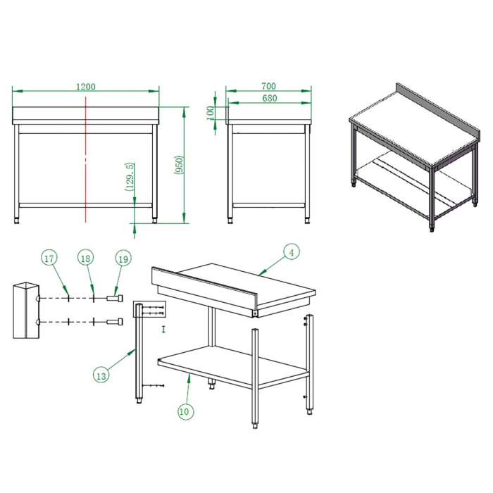 EASYLINE Arbeitstisch 700 / mit Grundboden & Aufkantung B:1200