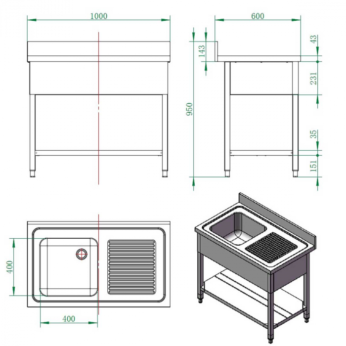 EASYLINE Spültisch 600 / 1 Becken links mit Abtropffläche B:1000