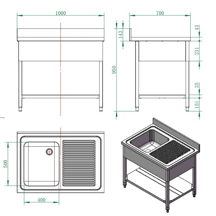EASYLINE Spültisch 700 / 1 Becken links und Abtropffläche B:1000