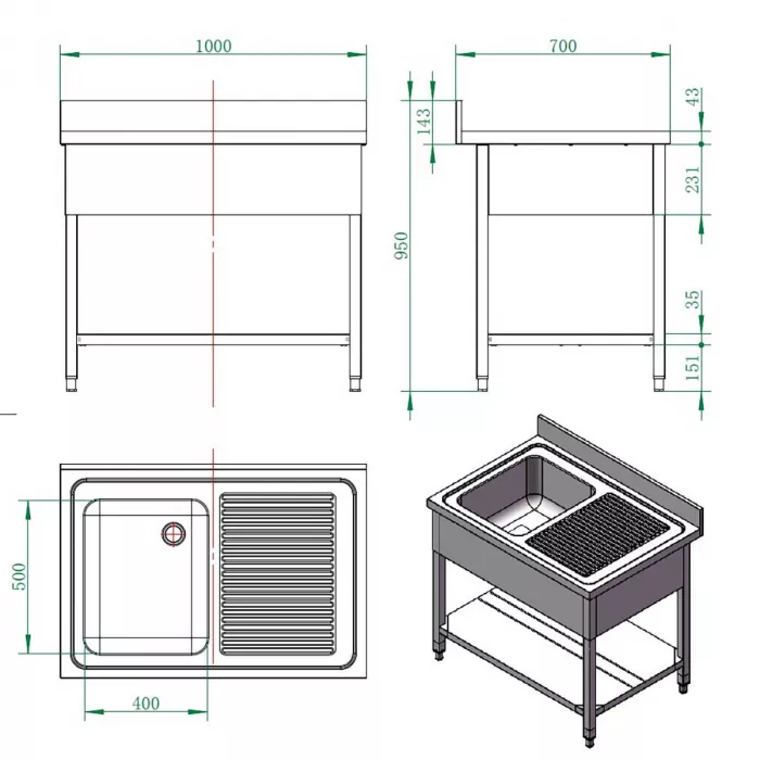 EASYLINE Spültisch 700 / 1 Becken links und Abtropffläche B:1000