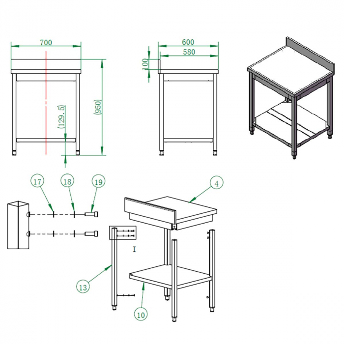 EASYLINE Arbeitstisch 600 / mit Grundboden & Aufkantung B:700