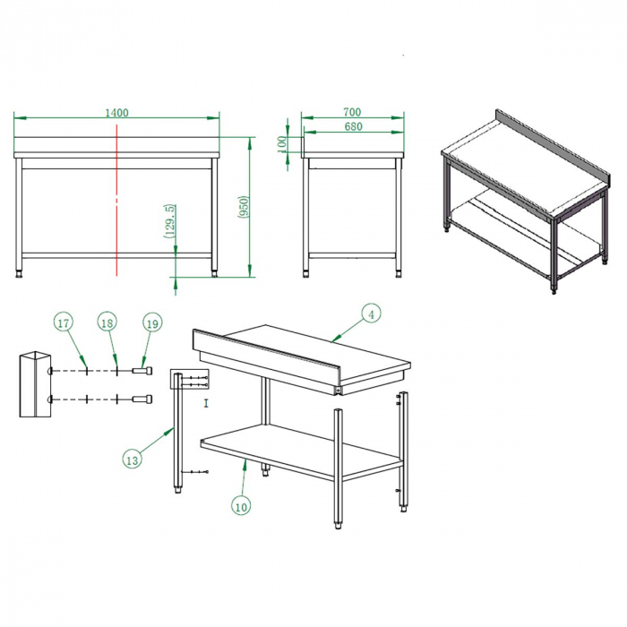 EASYLINE Arbeitstisch 700 / mit Grundboden & Aufkantung B:1400