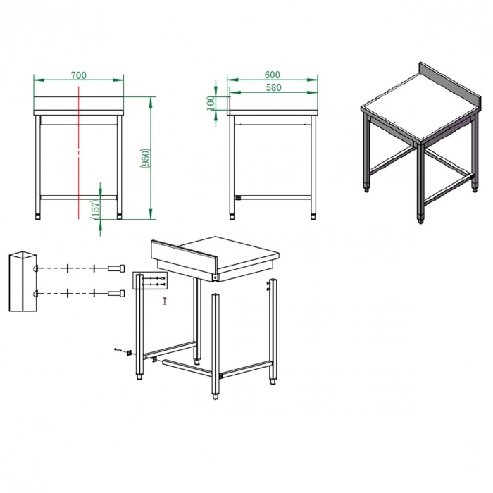EASYLINE Arbeitstisch 600 / unterfahrbar mit Aufkantung B:700