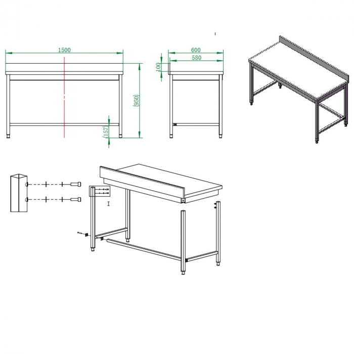 EASYLINE Arbeitstisch 600 / unterfahrbar mit Aufkantung B:1500