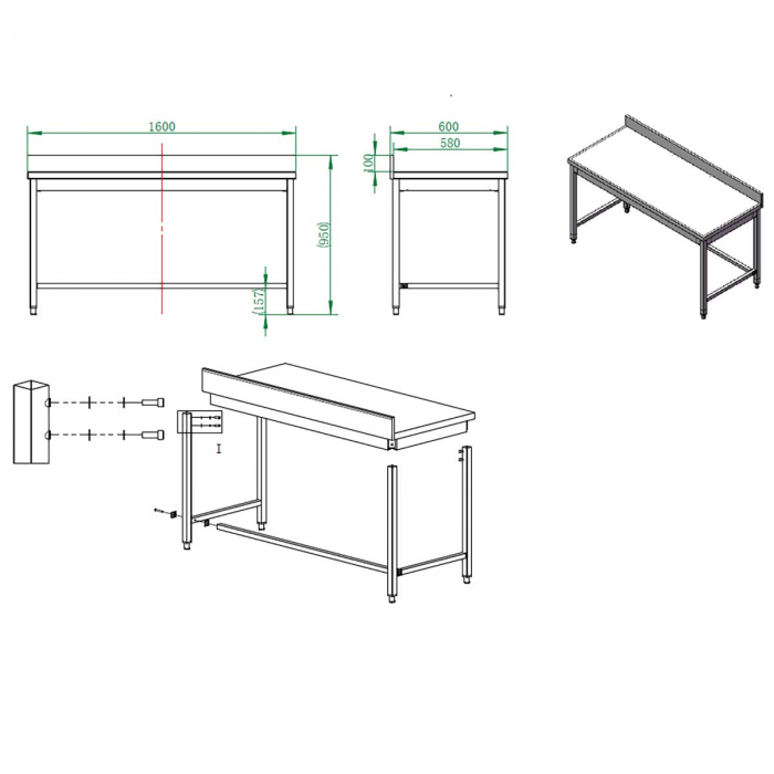 EASYLINE Arbeitstisch 600 / unterfahrbar mit Aufkantung B:1600