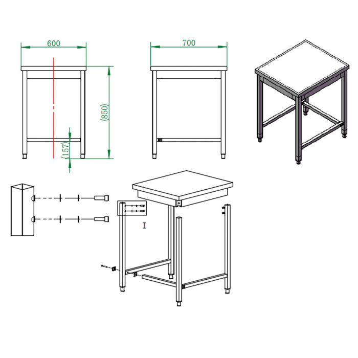 EASYLINE Arbeitstisch 600 / unterfahrbar B:700