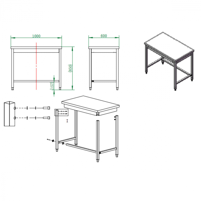 EASYLINE Arbeitstisch 600 / unterfahrbar B:1000