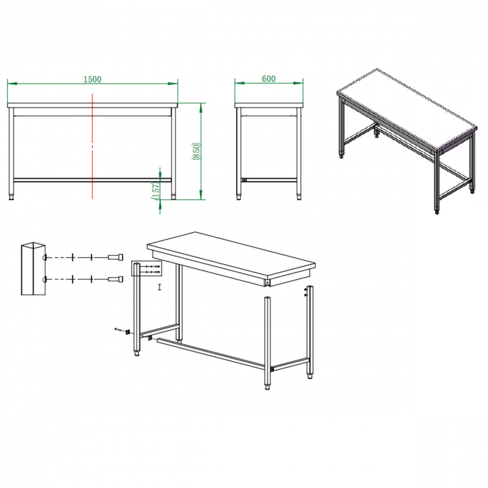 EASYLINE Arbeitstisch 600 / unterfahrbar B:1500