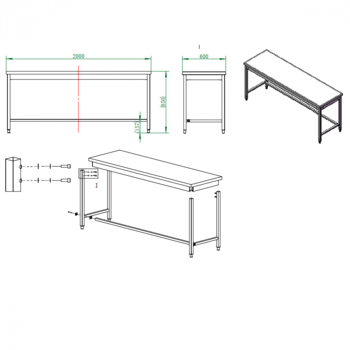 EASYLINE Arbeitstisch 600 / unterfahrbar B:2000