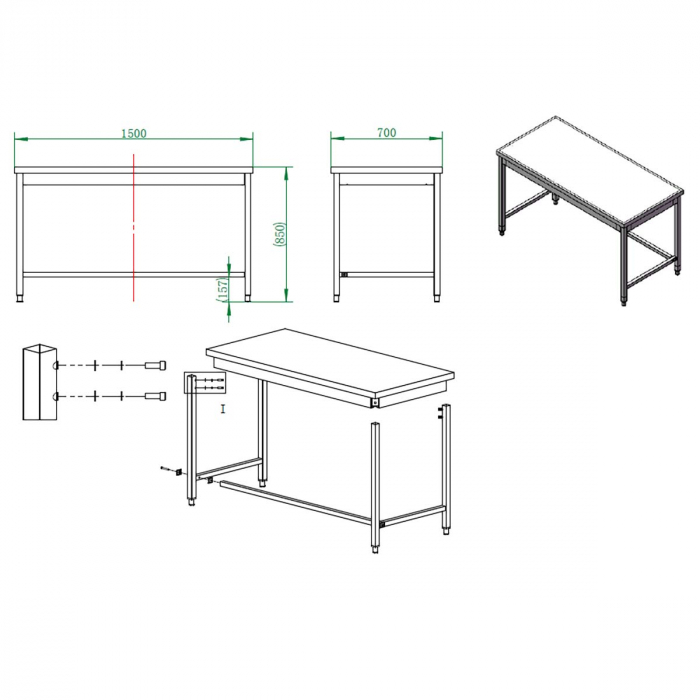 EASYLINE Arbeitstisch 700 / unterfahrbar B:1500