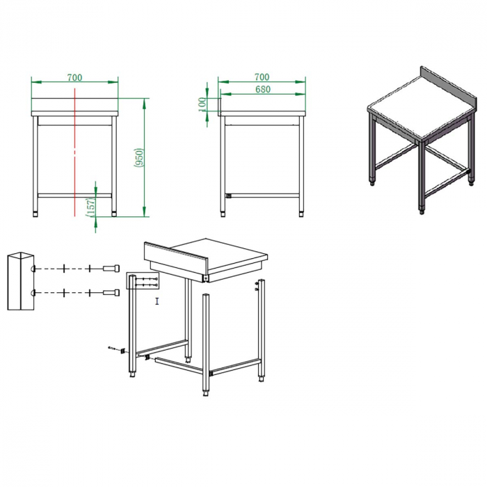 EASYLINE Arbeitstisch 700 / unterfahrbar mit Aufkantung B:700