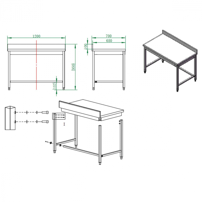 EASYLINE Arbeitstisch 700 / unterfahrbar mit Aufkantung B:1200