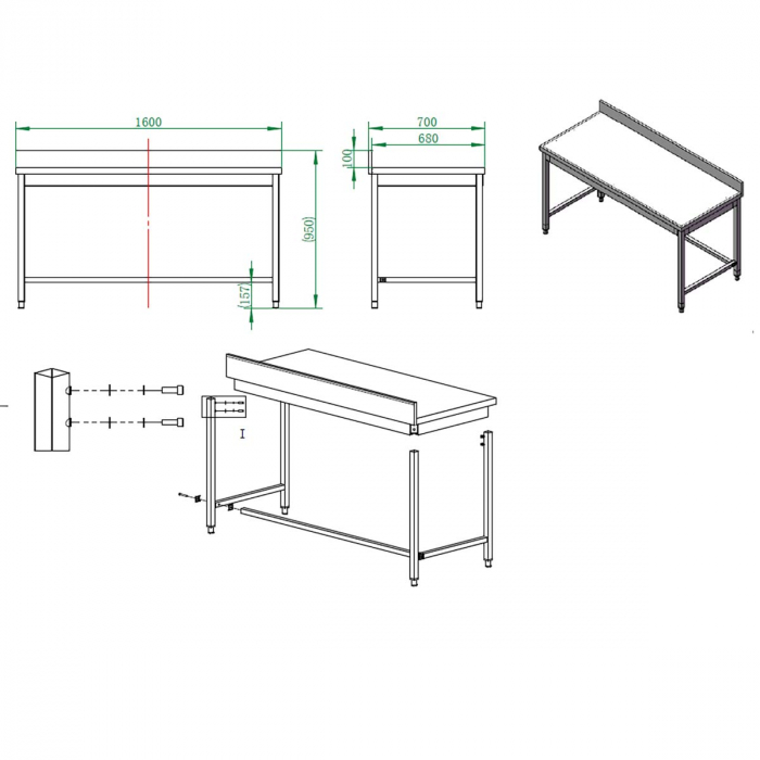EASYLINE Arbeitstisch 700 / unterfahrbar mit Aufkantung B:1600