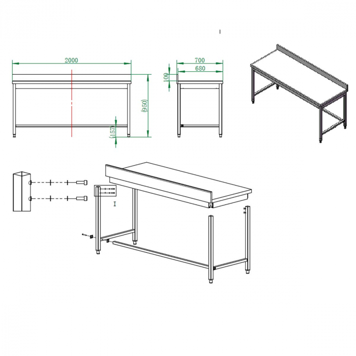 EASYLINE Arbeitstisch 700 / unterfahrbar mit Aufkantung B:2000