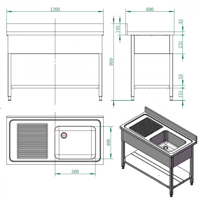 EASYLINE Spültisch 600 / 1 Becken rechts und Abtropffläche B:1200