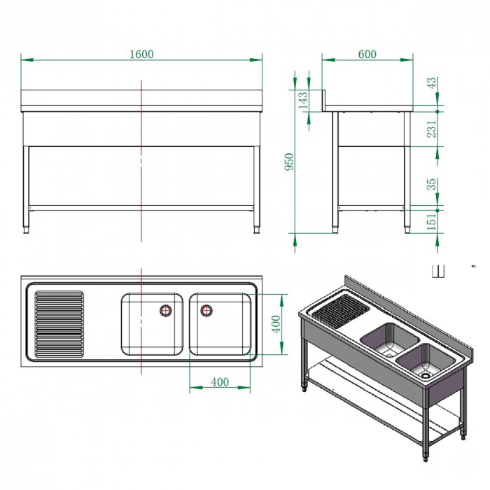 EASYLINE Spültisch 600 / 2 Becken rechts und Abtropffläche B:1600