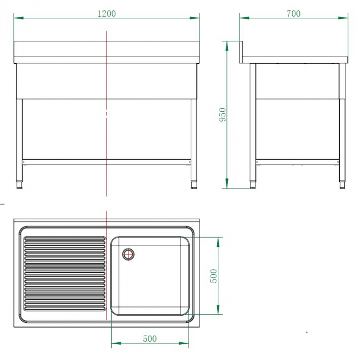 EASYLINE Spültisch 700 / 1 Becken rechts und Abtropffläche B:1200
