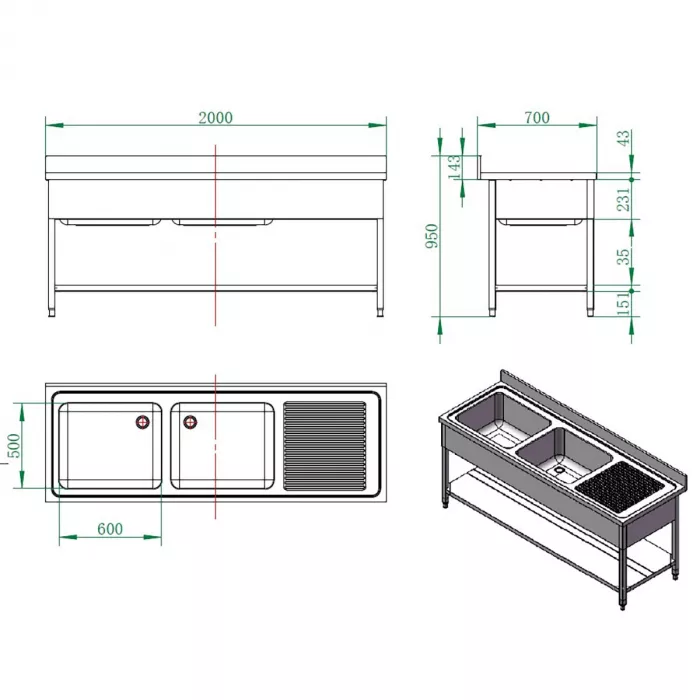 EASYLINE Spültisch 700 / 2 Becken links und Abtropffläche B:2000