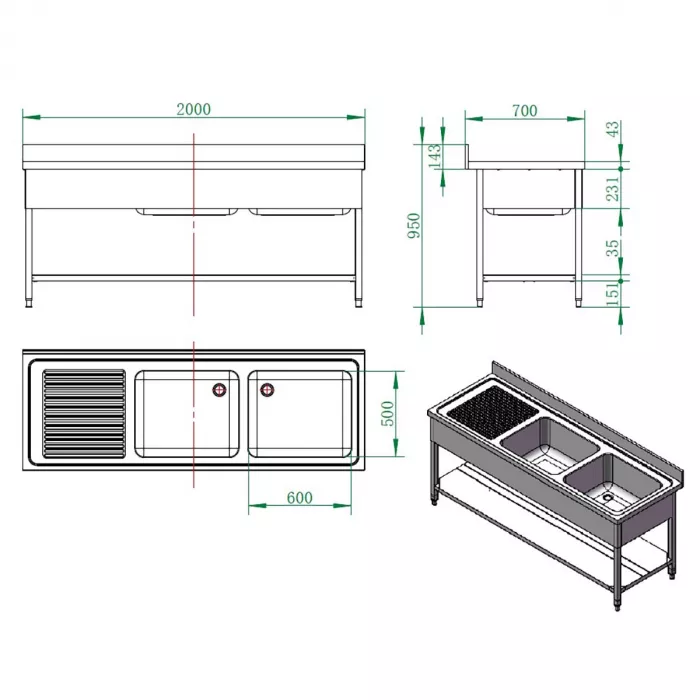 EASYLINE Spültisch 700 / 2 Becken rechts und Abtropffläche B:2000