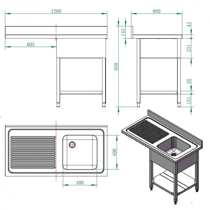 EASYLINE Spülcenter 600 / 1 Becken rechts B:1200