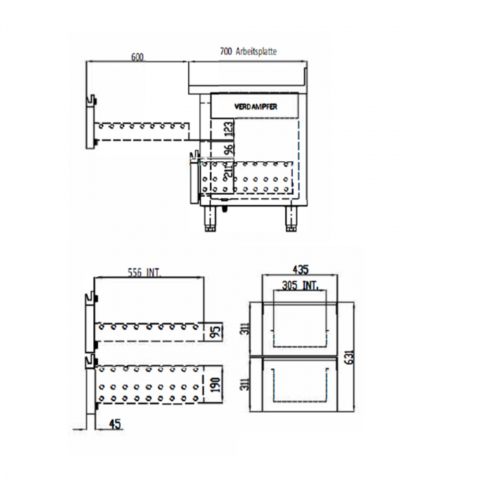 TOPLINE Kühltisch 700 / 2-fach GN1/1 mit 2 Schubladen / 1 Tür & Aufkantung