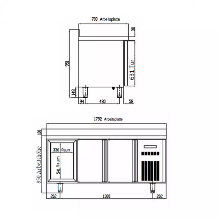 TOPLINE Kühltisch 700 / 3-fach GN1/1 mit 3 Türen & Aufkantung