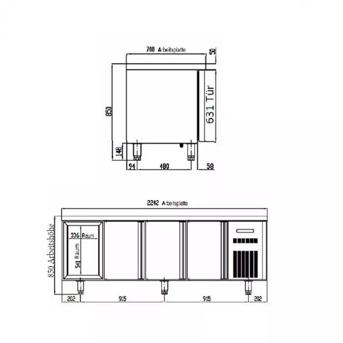 TOPLINE Kühltisch 700 / 4-fach GN1/1 mit 2 Schubladen / 3 Türen