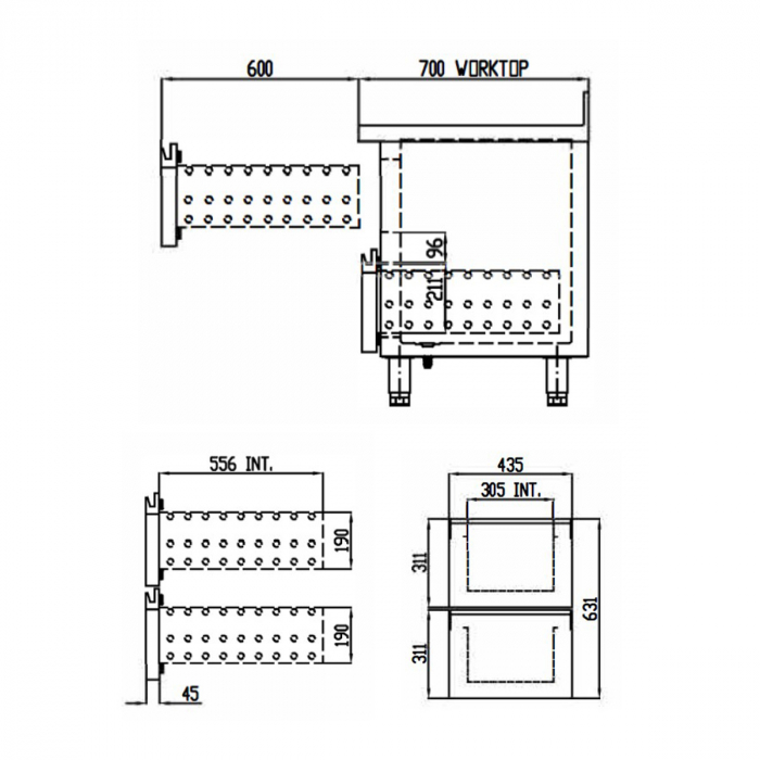 TOPLINE Kühltisch 700 / 4-fach GN1/1 mit 4 Schubladen / 2 Türen & Aufkantung