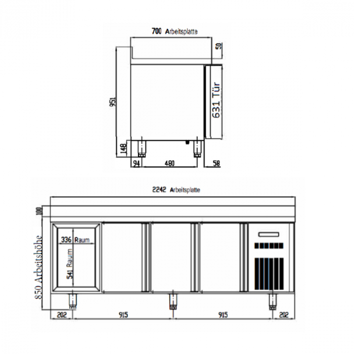 TOPLINE Kühltisch 700 / 4-fach GN1/1 mit 6 Schubladen / 1 Tür & Aufkantung