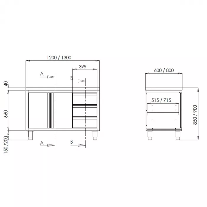 TOPLINE Arbeitsschrank 600 / Flügeltüren & 3 Schubladen B:1300