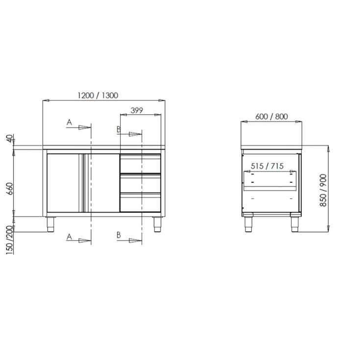 TOPLINE Arbeitsschrank 600 / Flügeltüren & 3 Schubladen B:1400