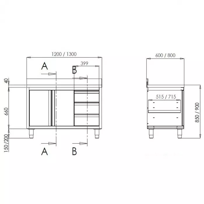 TOPLINE Arbeitsschrank 600 / Flügeltüren, 3 Schubladen & Aufkantung B:1200