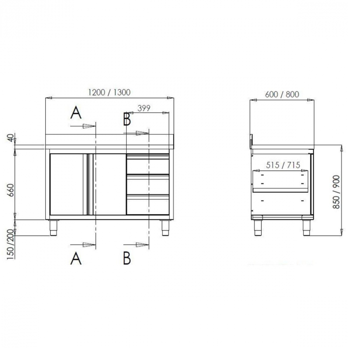 TOPLINE Arbeitsschrank 700 / 2 Schiebetüren, 3 Schubladen & Aufkantung B:1500