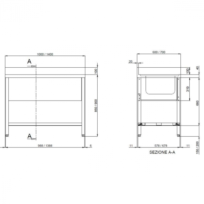 TOPLINE Spültisch 600 / 1 Becken rechts + Abtropffläche B:1000