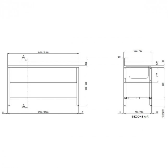 TOPLINE Spültisch 700 / 2 Becken rechts + Abtropffläche B:1400
