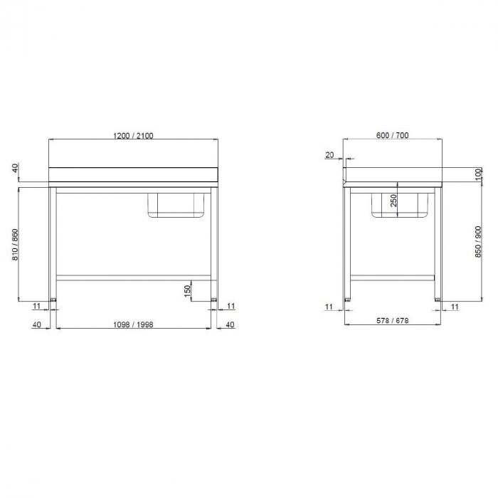 TOPLINE Cheftisch 600 / Becken rechts mit Aufkantung B:1800
