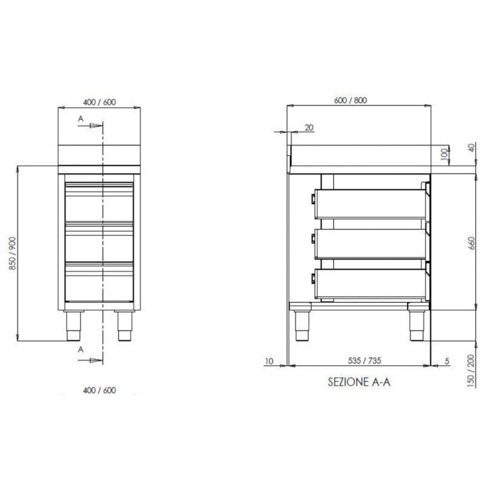 TOPLINE Schubladenschrank 600 / 3 Schubladen & Aufkantung B:600