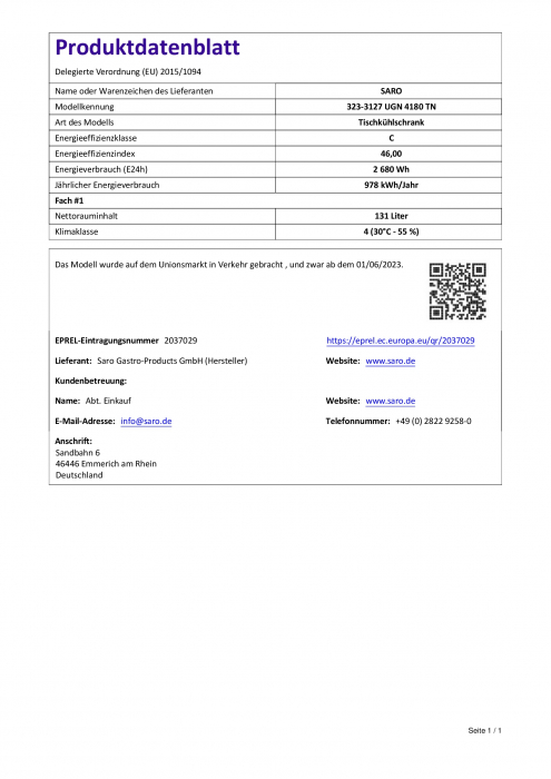 Unterbaukühltisch mit 4x2 Schubladen, Modell UGN 4180 TN