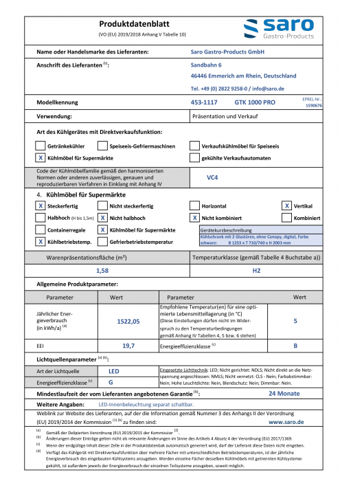 Kühlschrank mit 2 Glastüren, Modell GTK 1000 PRO