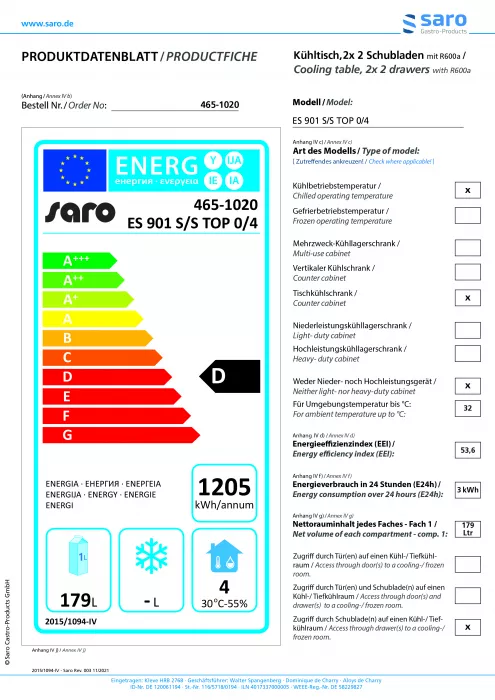 Gekühlte Arbeitstisch 4 Schubladen | B 903 x T 700 x H 876 mm