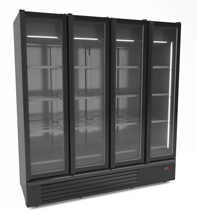 Gewerbekühlschrank mit 4 Glastüren – 1850 l – Schwarz & Umluftkühlung