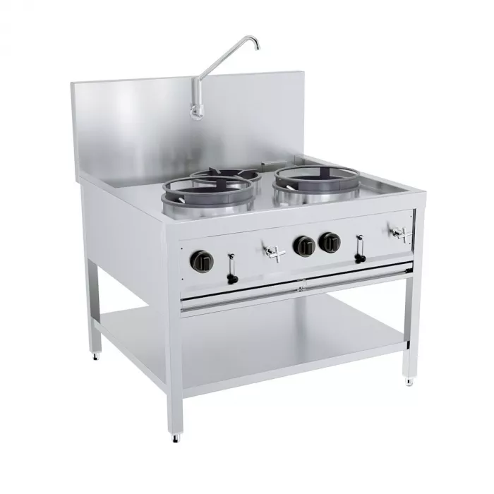 Gas-Woktisch 2×17 kW + 1×9 kW, Edelstahl, freistehend