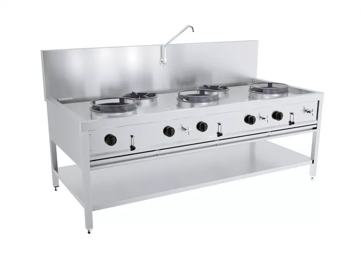 Gas-Woktisch 3×17 kW + 2×9 kW, Edelstahl AISI 304