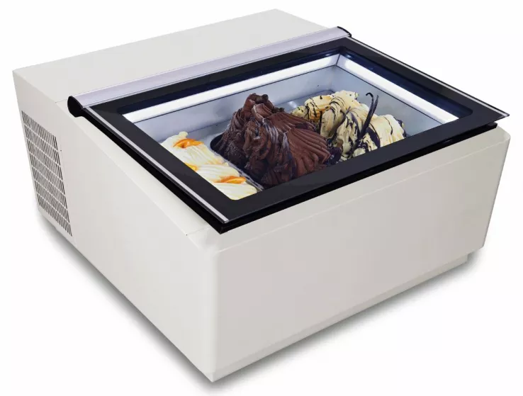 Tischmodell Speiseisvitrine Weißöffnet