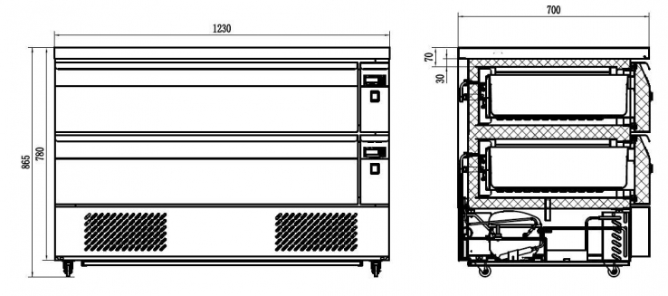 Kühl-/Tiefkühltisch 2 Schubladen – 6× 1/1 GN, 265 L, Edelstahl