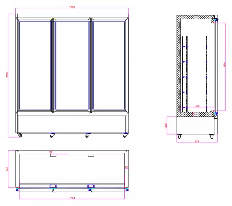 Tiefkühlschrank 1500 l – 3 Glastüren – Umluft – LED