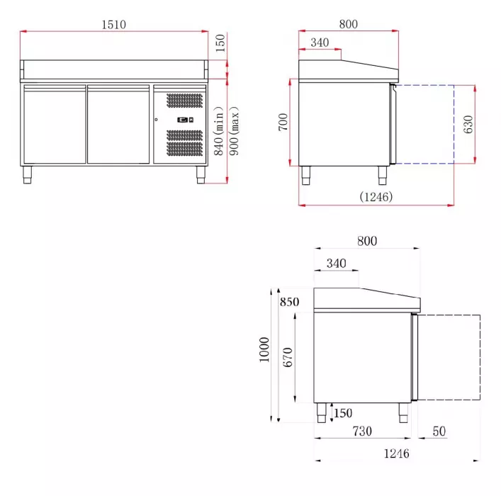 Pizzatisch 151 cm – 2 Türen – Granitplatte – Umluft