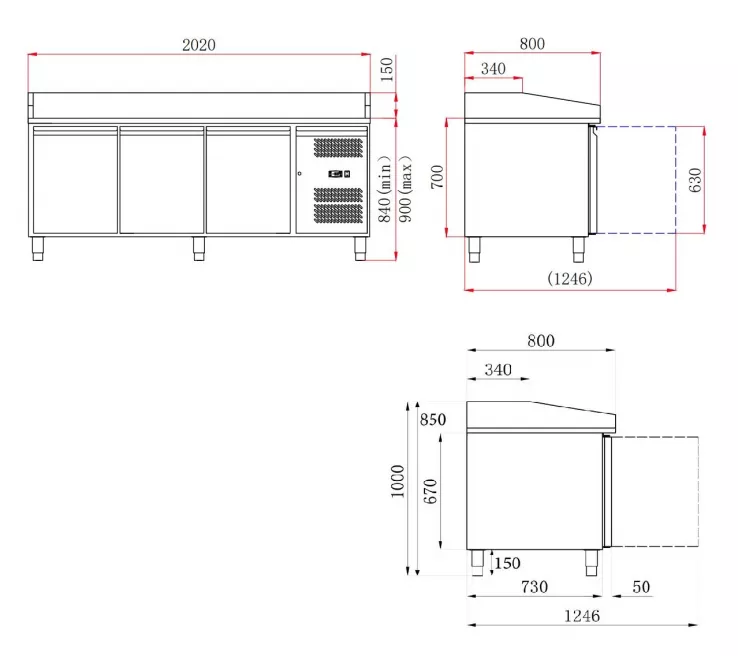 Pizzatisch 202 cm – 3 Türen – Granitplatte – Umluft – 580 l